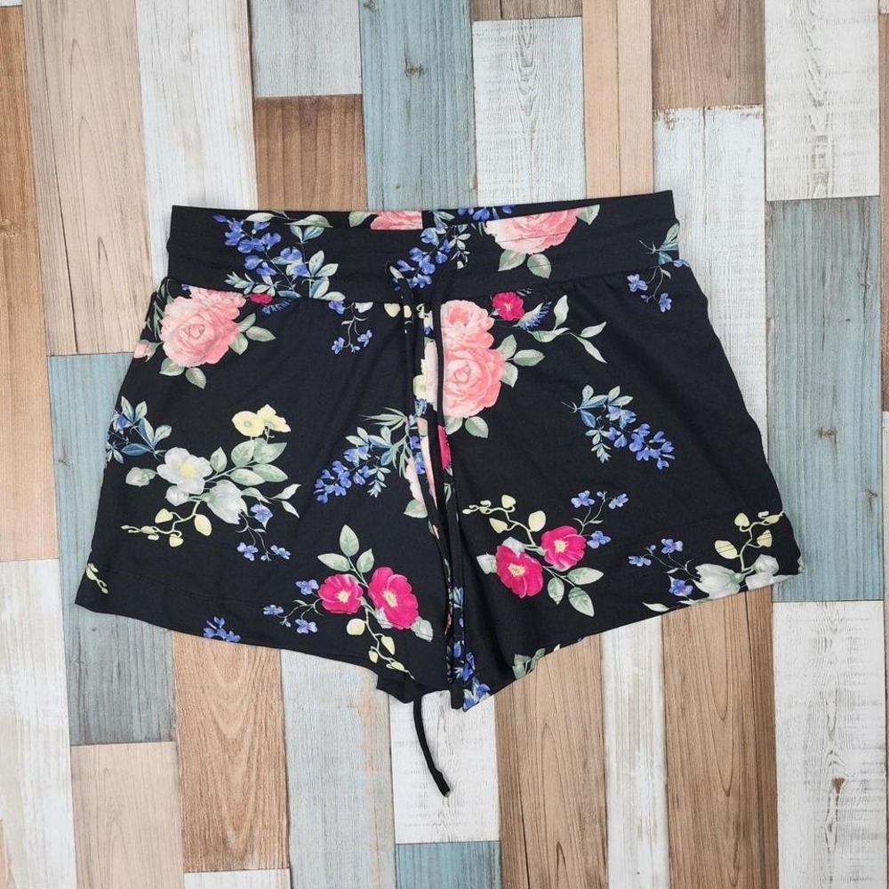 Flora by Flora Nikrooz Womens Black Floral Pajama Shorts Size Small Drawstring